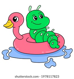 a green caterpillar is relaxing on a duck tire, vector illustration art. doodle icon image kawaii.