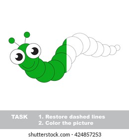 Green caterpillar in vector colorful to be traced. Restore dashed line and color the picture. Visual game for children. Worksheet to be colored.