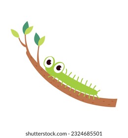 Green Caterpillar or Worm as Crawling Insect on Tree Branch Vector Illustration