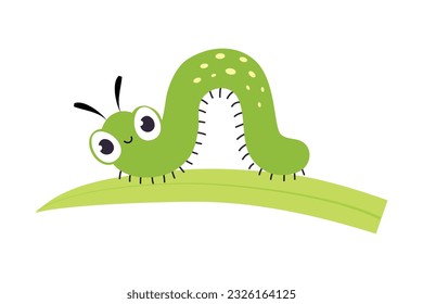 Green Caterpillar or Worm as Crawling Insect on Grass Blade Vector Illustration