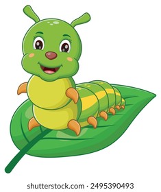 Green caterpillar with yellow stripes, smiling on a leaf. Perfect for nature, wildlife, insect, and gardening concepts in design projects. Vector illustration