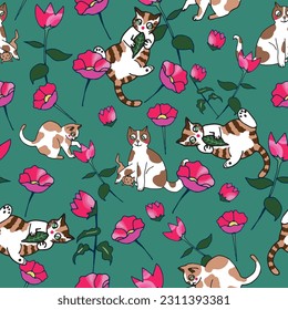 Green cats with kitten seamless vector pattern. Animal vector pattern on green background with pink flowers. Cat family playing in a garden.