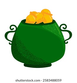 Green cauldron filled with shiny gold coins. Perfect for St. Patrick s Day decorations, festive greeting cards, invitations, digital prints, game assets, and themed designs.