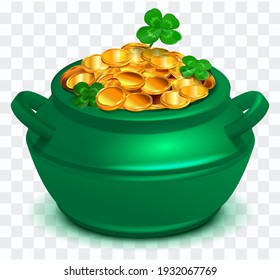 Green cauldron full of gold coin on transparent background. Clover four leaf symbol St. Patrick s Day. Vector cartoon illustration