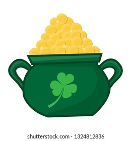 Green cauldron of gold surrounded by clovers