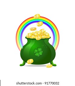 Green cauldron icon with gold coins and rainbow isolated on white background. Vector illustration on patrick's day