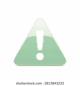Green cautionary symbol with exclamation point, attention notice icon, digital dot matrix mosaic style on white.