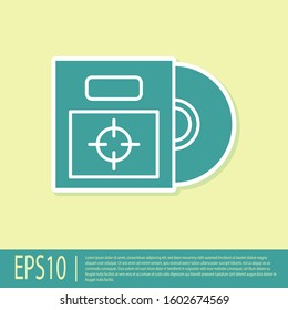 Green CD or DVD disk in box icon isolated on yellow background. Compact disc sign.  Vector Illustration
