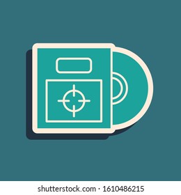 Green CD or DVD disk in box icon isolated on blue background. Compact disc sign. Long shadow style. Vector Illustration