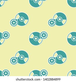 Green CD or DVD disk and gear icon isolated seamless pattern on yellow background. Adjusting app, service concept, setting options, maintenance, repair, fixing. Vector Illustration