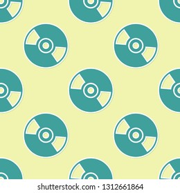 Green CD or DVD disk icon isolated seamless pattern on yellow background. Compact disc sign. Flat design. Vector Illustration