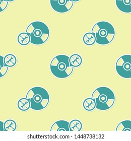 Green CD or DVD disk with screwdriver and wrench icon isolated seamless pattern on yellow background. Adjusting, service, setting, maintenance, repair, fixing.  Vector Illustration