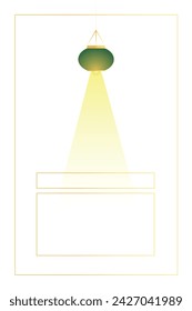 Green ceiling lamp with light and gold frame. Page frame design. Creative thinking and imagination concept. Big idea, generation of decisions, enlightenment.