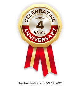 Green celebrating 4 years badge, rosette with gold border and ribbon