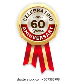 Green celebrating 60 years badge, rosette with gold border and ribbon