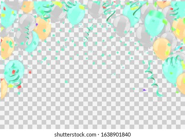 green celebration with ribbon, confetti and balloon