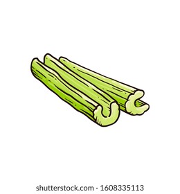 Green celery stalk cut up in half - hand drawn sticks of fresh plant for healthy snack or cooking ingredient. Isolated flat vector illustration on white background.