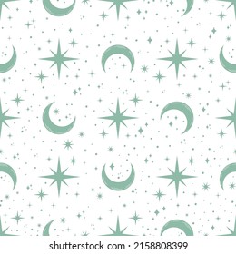 Green celestial seamless pattern with white background.