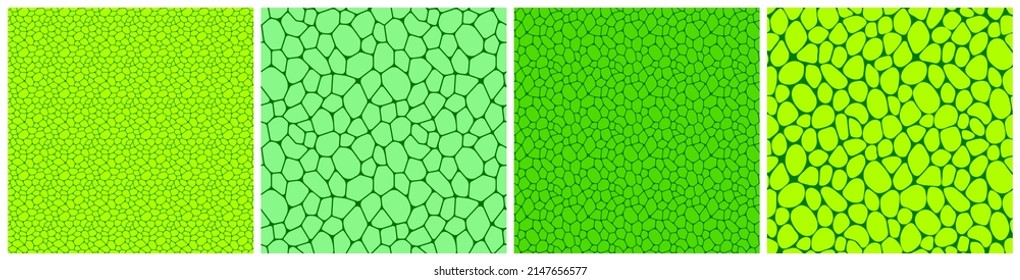 Green Cells Seamless Pattern Set. Leaf Structure Vector Illustration. Fresh Greenary Template Background. Plant Repeated Texture For Organic, Eco, Agro And Scientific Designs. Voronoi Endless Backdrop