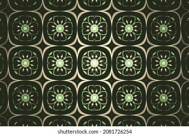Green cellular floral pattern on a black background. Abstract vector image.