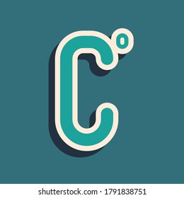 Green Celsius Symbol einzeln auf grünem Hintergrund. Lange Schattenstil. Vektorgrafik