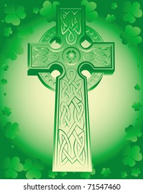 green Celtic cross on a green background leaf clover