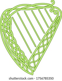 Green Celtic harp with a traditional pattern.