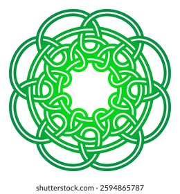 Green Celtic knot mandala in a clean vector design. Intricate geometric pattern with endless loops, symbolizing eternity and unity. Perfect for decoration, logo design, spiritual, and cultural project