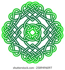 A green Celtic knot representing strength, unity, and eternity. Intricate interwoven lines create a sense of endlessness, with a gradient from dark to light green adding depth and beauty.