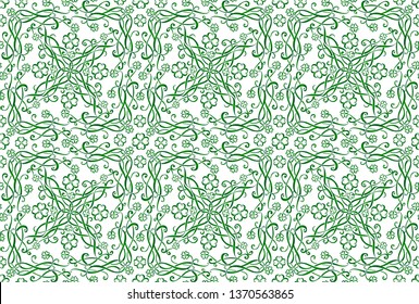green Celtic ornament with triskels and four-leaf clovers on white background, vector seamless pattern