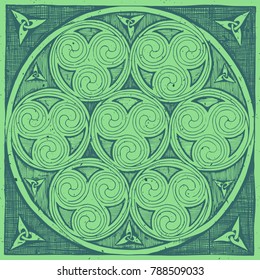 Green Celtic spirals patterns in ink hand drawn style. 