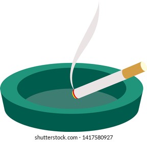 Green ceramic ashtray with cigarette. Vector illustration in flat style