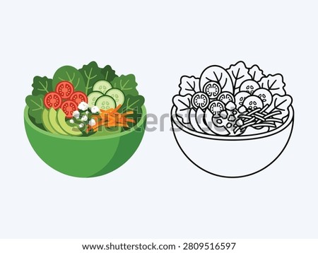 A green ceramic bowl containing a healthy mix of sliced avocado, cucumber wheels, shredded carrots, tomatoes, and leafy greens, presented in color and outline versions.