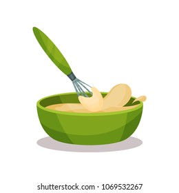 Green ceramic bowl full of freshly prepared dough and whisk vector and whisk Illustration on a white background