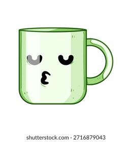 Caneca de cerâmica verde com alça mostrando um rosto de kawaii doce soprando um beijo, expressão de desenho animado bonito para café ou chá, ilustração encantadora da xícara de café da manhã transmitindo afeto