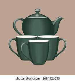 green ceramic teapot and cups on brown background, vector illustration