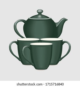 green ceramic teapot and cups on grey background, vecrot illustration