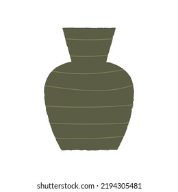 Green ceramic vase with stripes. Abstract pottery vector illustration on isolated background