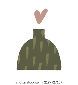 Green ceramic vase with texture and heart. Abstract pottery vector illustration on isolated background. 