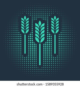 Green Cereals set with rice, wheat, corn, oats, rye, barley icon isolated on blue background. Ears of wheat bread symbols. Abstract circle random dots. Vector Illustration