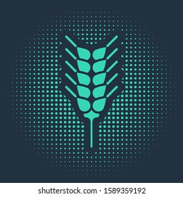 Green Cereals set with rice, wheat, corn, oats, rye, barley icon isolated on blue background. Ears of wheat bread symbols. Abstract circle random dots. Vector Illustration