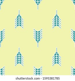 Green Cereals set with rice, wheat, corn, oats, rye, barley icon isolated seamless pattern on yellow background. Ears of wheat bread symbols.  Vector Illustration