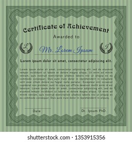 Green Certificate of achievement. With complex background. Detailed. Money design. 