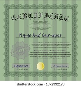 Green Certificate of achievement. Complex background. Cordial design. Detailed. 