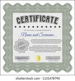 Green Certificate of achievement. With complex linear background. Vector illustration. Money Pattern. 