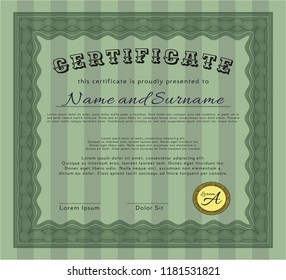 Green Certificate of achievement. With complex linear background. Money Pattern. Vector illustration. 