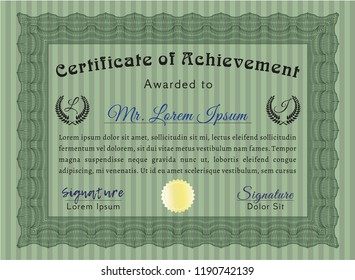 Green Certificate of achievement. With complex linear background. Money style design. Customizable, Easy to edit and change colors. 