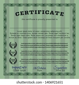 Green Certificate of achievement. With complex linear background. Detailed. Lovely design. 