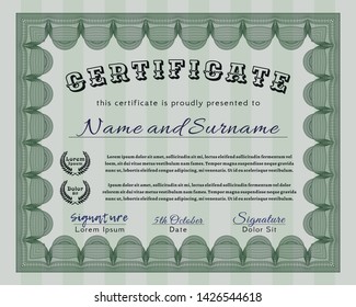 Green Certificate of achievement. With complex linear background. Elegant design. Vector illustration. 