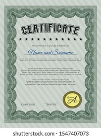 Green Certificate of achievement. With complex linear background. Detailed. Cordial design. 
